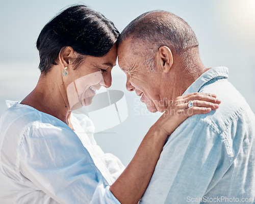 Image of Mature couple, bonding or forehead touch in hug, love or support trust in garden, backyard or nature. Smile, happy or retirement embrace man and elderly woman for marriage security or life insurance