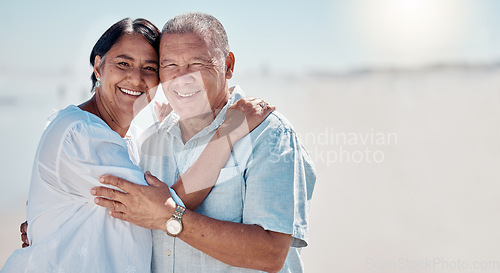 Image of Senior couple, beach and portrait of love, relax and mockup on summer holiday, vacation or date. Happy retirement, man and woman hug at ocean for happiness, support or smile together in calm sunshine