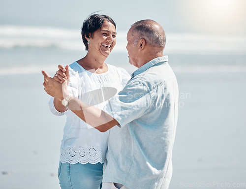 Image of Senior couple, beach and dancing for love, care and romance on summer holiday, vacation and date. Happy man, woman and dance at sea for anniversary, smile and support in nature, sunshine and marriage