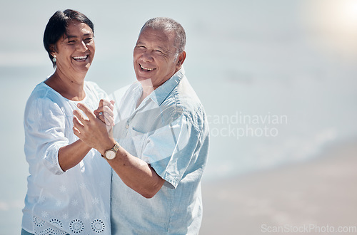 Image of Senior couple, beach and portrait of dancing with mockup for love, care and date on summer vacation. Happy man, woman and dance at sea with mock up, smile and support in nature, sunshine and marriage