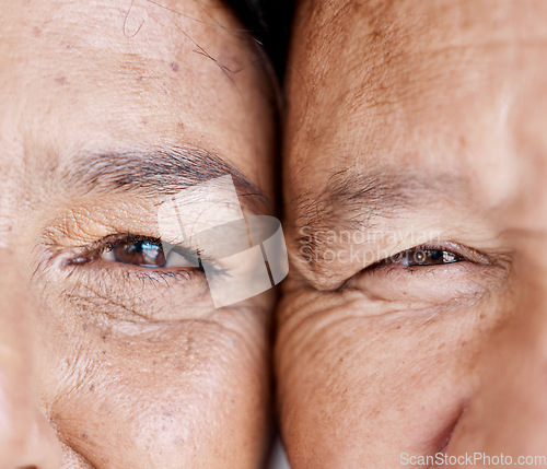 Image of Love, eyes and half with a senior couple closeup, face touching skin wrinkles for romance in retirement. Zoom, elderly or pension with a mature man and woman bonding while feeling hope or nostalgia