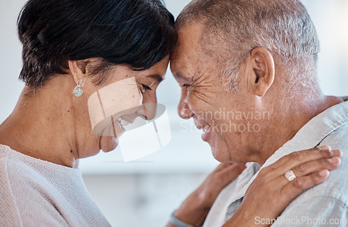 Image of Senior couple, face and a hug for love with a happy smile, commitment and trust together in home. Old man and woman in healthy marriage with care, support and security for retirement lifestyle