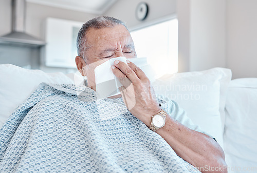 Image of Sick, allergy and senior man on sofa cleaning his nose with retirement, pension or elderly healthcare at home. Virus, bacteria or allergies risk, sad and tired old person on couch in house self care