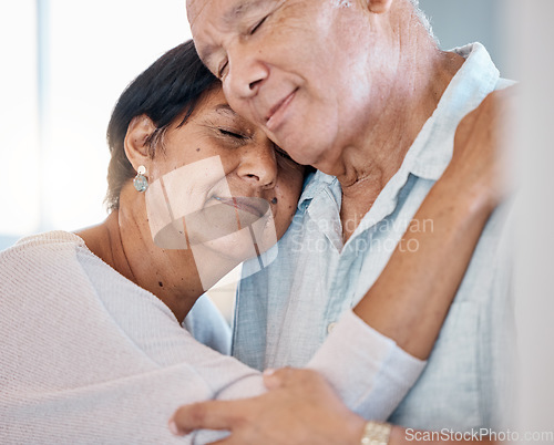 Image of Calm senior couple hug with love, care and romance in home. Man, woman and face of retirement people relax with embrace for happiness, support and peaceful marriage together with trust in partner