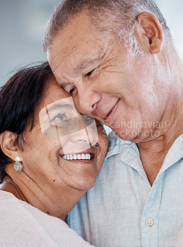 Image of Senior couple, hug and smile of love, care and romance at home. Happy man, woman and face of retirement people embrace for happiness, support and relax in marriage together, house or trust of partner