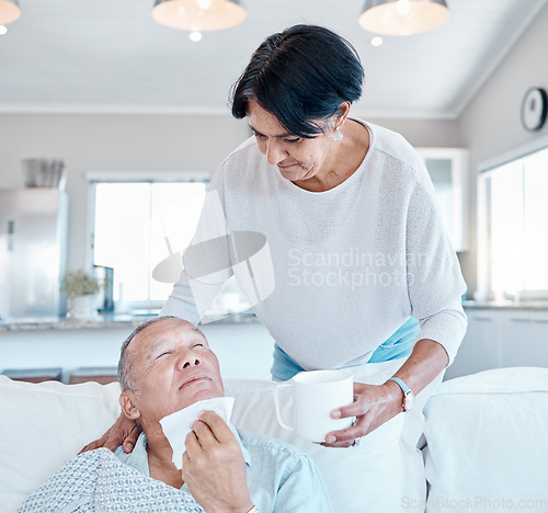 Image of Health, old man with flu and senior woman with cup, retirement and caregiver in living room. Allergies, mature male on couch and elderly female in lounge with mug, bacteria and remedy for illness