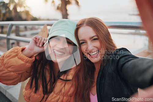 Image of Selfie, freedom and portrait of friends on vacation in the city for summer fun and bonding. Happy, travel and women with smile taking picture together outdoor in town while on holiday or weekend trip