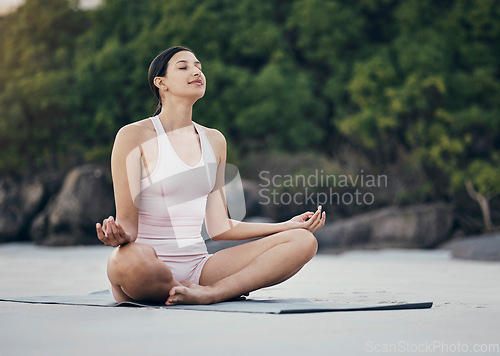 Image of Woman, relax and yoga in nature for wellness, peace and zen, pose and balance on blurred background. Fitness, girl and meditation, training and energy outdoor for peaceful, mindset and chakra workout