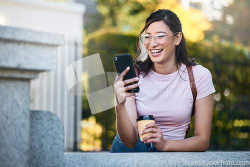 Image of Happy, search or student woman with phone in morning for social media, networking or reading comic blog. Smile university or girl on 5g smartphone at college building for learning or blog outdoor
