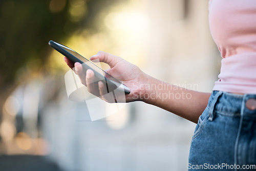 Image of Phone, woman hand and mobile networking of a person doing urban travel with 5g connection. Digital gps, hand and zoom of a young person on social media or reading a text with blurred background