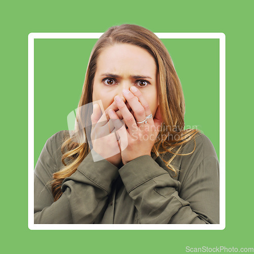 Image of Portrait, surprise and woman with graphic frame in a studio feeling shocked. Model, unexpected and female model face with omg expression gasping from surprising news in isolated green background