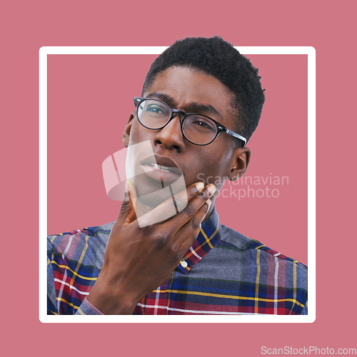 Image of Thinking, confused and man in studio with mockup, advertising and pink background space. Doubt, unsure and contemplation with black guy thoughtful, pensive and emoji gesture while standing isolated
