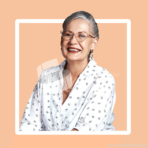 Image of Senior woman, portrait and frame graphic of a elderly person with a smile and happiness. Retirement, old female and model with orange background and casual fashion with positivity and elegant aging