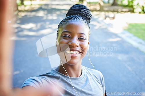 Image of Selfie, fitness and portrait of black woman in park with smile for exercise goals, running and marathon training. Sports, picture and face of happy girl for cardio workout, healthy body and wellness