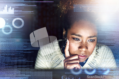 Image of Thinking, futuristic hologram and black woman on computer for online finance, fintech and data analysis. Digital transformation, software overlay and face of girl for financial analytics on 3d screen