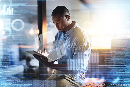 Image of Overlay, futuristic research and black man with tablet for website, data analysis and networking in office. Digital transformation, innovation and male with technology, cyber hologram and web design