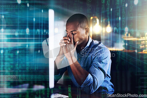 Image of Stress, headache and code overlay of a black man doing computer work for cybersecurity with stress. Coding designer glitch, it employee in a office with stress and anxiety from 404 problem design