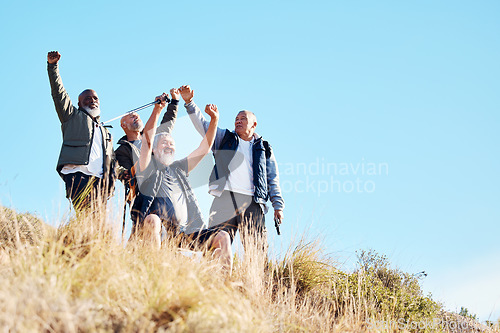 Image of Senior, men and hiking success in nature, celebration and victory, cheering and happy on blue sky background. elderly, friends and man hiker group celebrating achievement, freedom and exercise goal