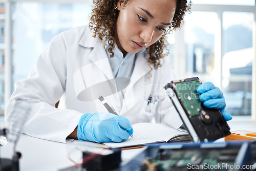 Image of Black woman technician, computer or laptop circuit for cyber crime investigation, analysis and IT solution. Information technology engineer, notebook and laboratory for programming, writing and notes