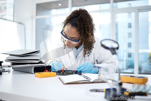 Image of Computer hardware, repair and black woman electrician working on electronic cpu, circuit and chip. Technology maintenance, programming and female technician fix coding, motherboard and processor