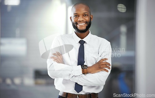 Image of Black man portrait, smile or corporate worker for financial growth or accounting work. Company vision, success or happy business employee smile for finance, motivation or mission mindset in office