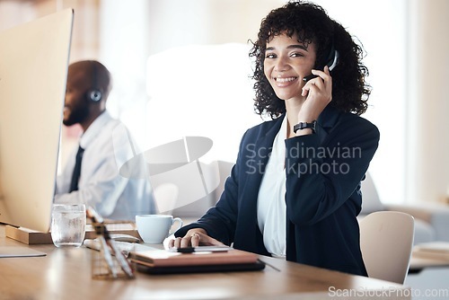 Image of Crm, call center and black woman portrait of a lead generation worker on a office call. Customer service, web support and contact us employee with a smile from online consulting job and career