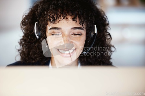 Image of Customer support face, computer consulting and happy woman telemarketing on contact us CRM or telecom. Call center communication, online e commerce and information technology consultant on microphone