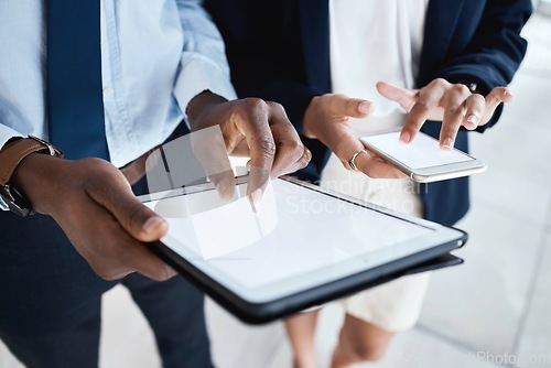 Image of Business people, hands and tablet with screen on mockup for corporate networking, advertising or marketing. Hand of employee team on touchscreen and phone display for digital advertisement or app