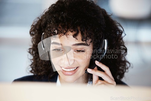 Image of Call center face, computer consulting and happy woman telemarketing on contact us CRM or telecom. Customer support communication, online e commerce and information technology consultant on microphone