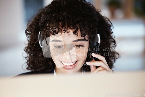 Image of Customer service face, computer consulting and happy woman telemarketing on contact us CRM or telecom. Call center communication, online e commerce and information technology consultant on microphone