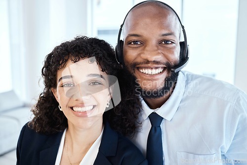 Image of Selfie, portrait and call center consultants in the office working on a crm consultation online. Happy, smile and interracial telemarketing colleagues taking a picture together in the workplace.