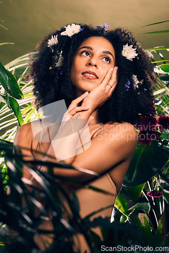Image of Skincare, black woman and natural cosmetics for dermatology, body care and healthy lifestyle. African American female, lady and nature for grooming, treatment and thinking for focus and smooth skin