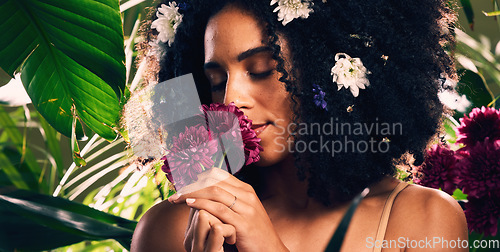 Image of Beauty, skincare and woman smelling flowers in a organic garden for a natural floral face routine. Cosmetic, wellness and female model from Mexico enjoying the aroma of plants in a environment.