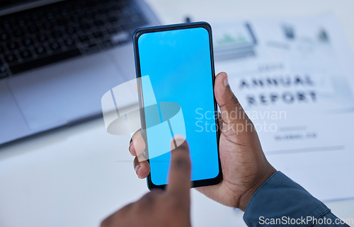 Image of Green screen, mockup and smartphone in hand, marketing and technology, product placement and business communication. Black man, accountant and networking with research, financial report and fintech