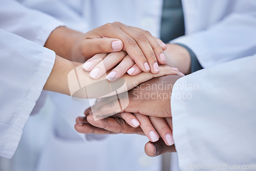 Image of Hospital mission, team building or hands in a huddle after a meeting collaboration for healthcare targets or goals. Teamwork, partnership or medical doctors with support, trust or hope for success