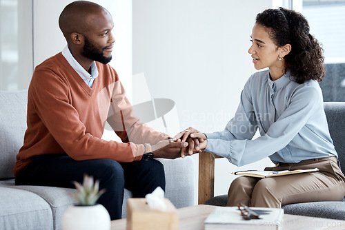 Image of Psychology, support and black woman, psychologist or therapist holding hands, client empathy and depression. Mental health, counseling and therapy patient talking of problem, health expert listening