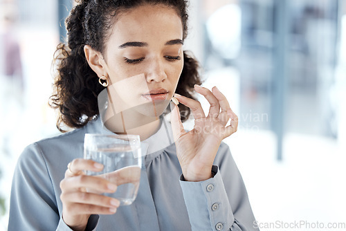 Image of Medicine, water and woman with mental health, depression or medical problem in pharmaceutical industry. Pills, tablet or healthcare drugs with person at work for anxiety, pain and stress management