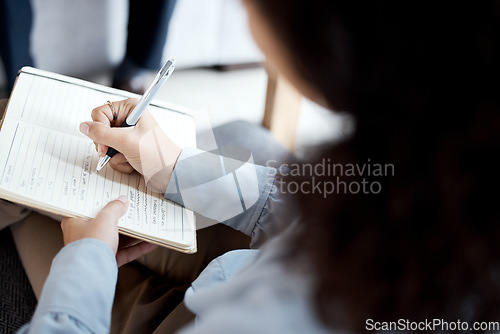 Image of Psychologist hands, notebook and writing in therapy, counseling or psychology consultation. Therapist, healthcare expert or professional person with notes in session, patient or client problem review