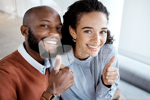 Image of Portrait, friends and employees with thumbs up, achievement and project success in modern office. Face, female consultant and African American male manager with gesture for celebration, ok or support