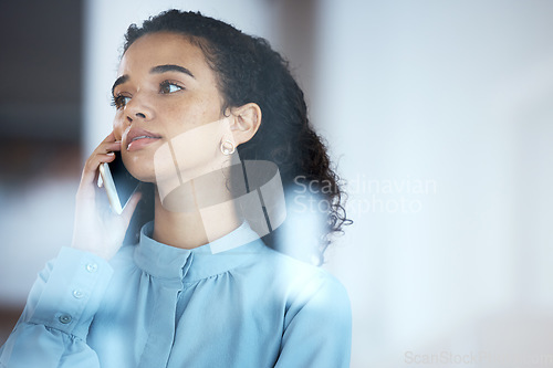 Image of Black woman, office phone call and thinking for discussion, negotiation and planning for goals, vision and idea. Corporate communication expert, smartphone and conversation for networking for crm job