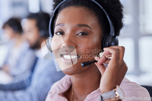 Image of Black woman, call center and portrait smile for telemarketing, customer support or service at the office. Happy African American female consultant face smiling with headset for online advice or help