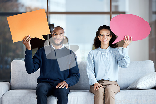 Image of Marriage counseling, therapy or speech bubble with a black couple on a sofa in a psychologist office for talking. Portrait, communication or psychology with man and woman holding blank feedback space