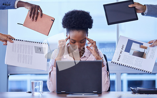 Image of Headache, stress and business woman in hands of group for multitasking, workload or chaos in office. Overwhelmed, burnout and corporate employee suffering pressure with team, compliance or report