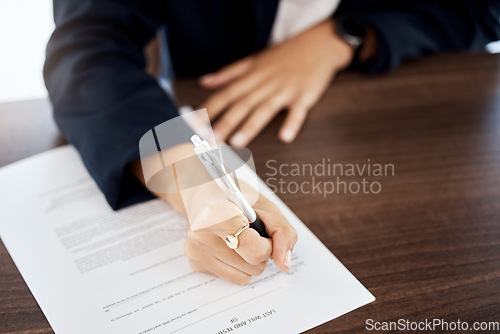 Image of Closeup, business and woman with pen, hands and contract for application, document and employee. Zoom, female and lady singing, planning and last will with entrepreneur, paperwork and startup company