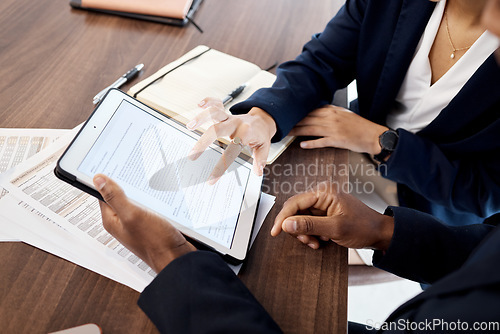 Image of Corporate, employees and hands with tablet, paperwork and check documents, online reading and confirm details. Business, zoom and closeup of coworkers, digital contract and forms for startup company