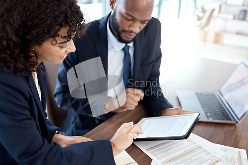 Image of Corporate, black man and woman with tablet, documents and planning for new project, deadline and check paperwork together. Business, female employee and male manager with device, talking and forms