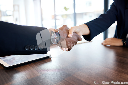 Image of Handshake, deal and business people meeting for an interview, partnership and consultation. Thank you, support and employees shaking hands for a contract, welcome and agreement during recruitment