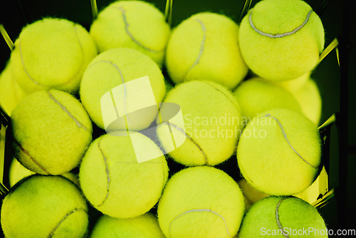 Image of Tennis, sport balls and zoom of a ball basket for fitness, exercise and workout for sports game. Above, no people and texture of sport training object for health, match wellness and competition