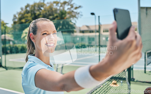 Image of Woman, tennis and selfie at court during training, fitness and morning routine outdoors. Sports, girl and smartphone photo before match, performance or exercise, workout and smile for profile picture