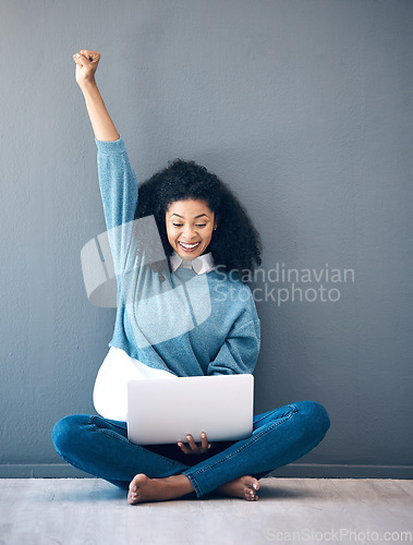 Image of Wow, happy and woman with news on a laptop, email success and excited about a notification. Smile, celebration and employee with a surprise on the internet, communication and announcement on a pc